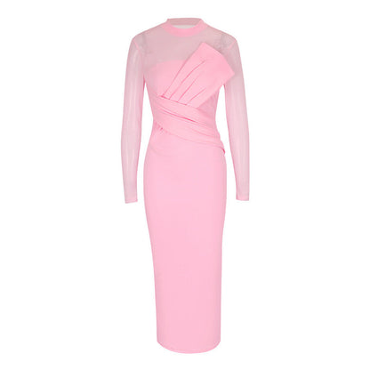 Bodycon Midi Dress with Sheer Mesh Top and Draped Bodice