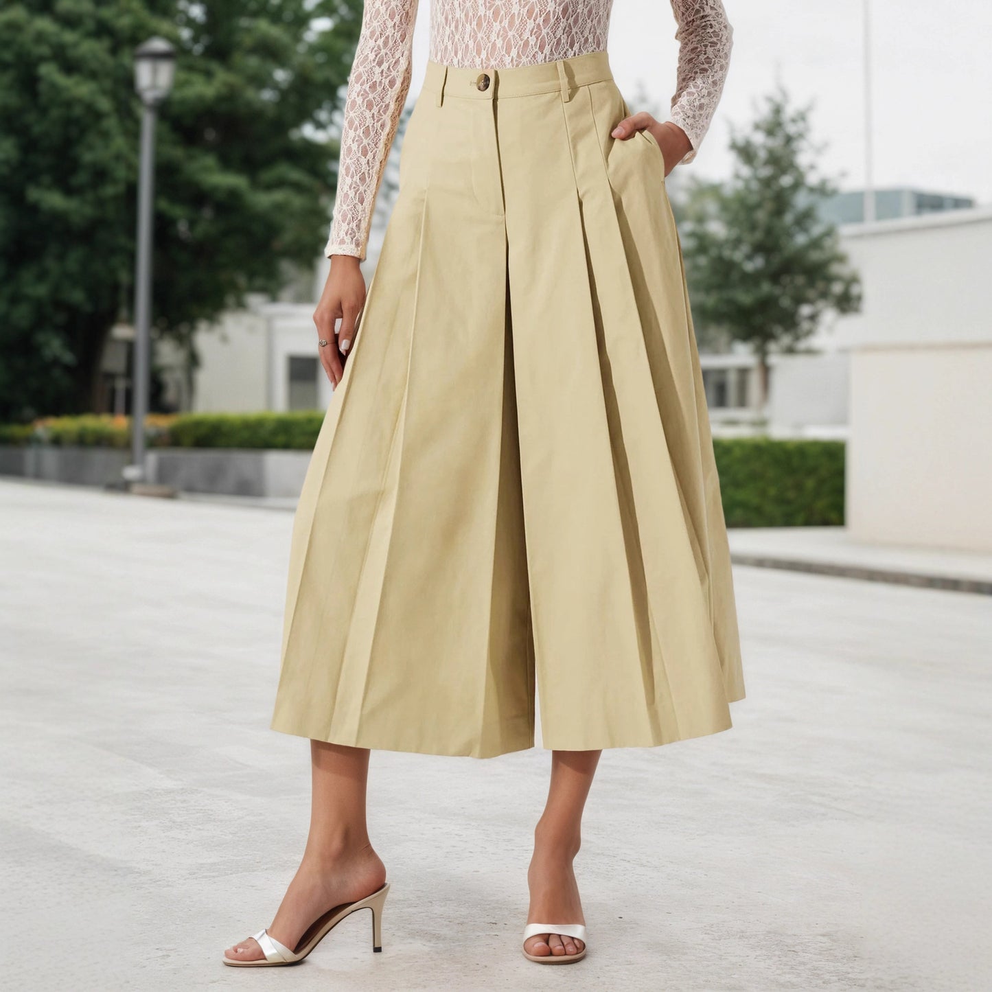 High-Waist Pleated Culottes with Midi Length