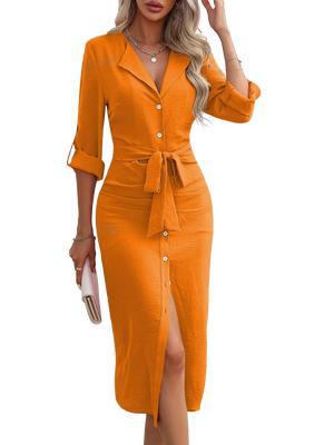 Midi Shirt Dress with Lapel Collar and Tie-Waist