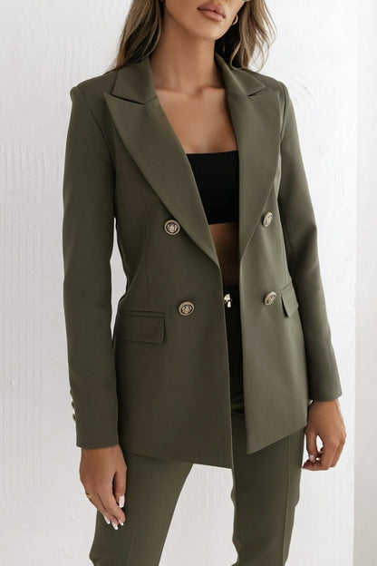 Solid Double-Breasted Suit Jacket with Lapel Collar