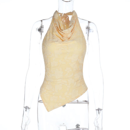 Jacquard Halter Top with Cowl Neck and Handkerchief Hem