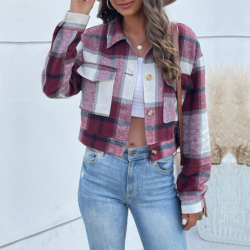 Cropped Plaid Button-Down Jacket with Chest Pockets