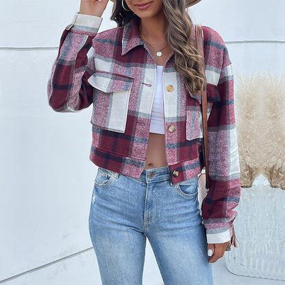 Cropped Plaid Button-Down Jacket with Chest Pockets