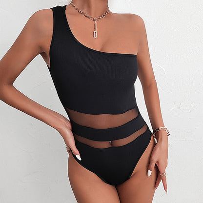 Ribbed One-Shoulder Bodysuit with Sheer Mesh Panels