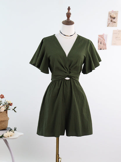 Wide-Leg Romper with V-Neck and Flutter Sleeves