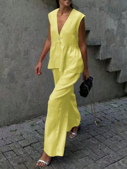 Sleeveless V-Neck Peplum Top and Wide-Leg Pants Set
