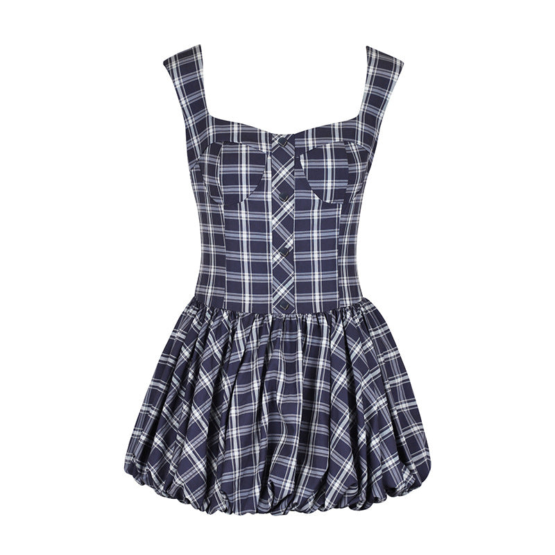 Plaid Mini Dress with Square Neck and Puff Skirt