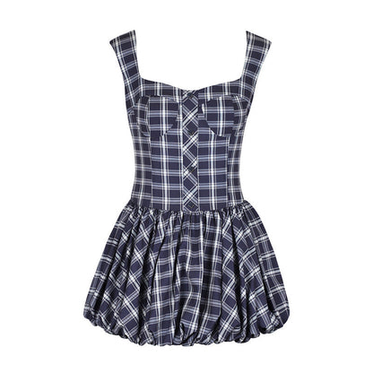 Plaid Mini Dress with Square Neck and Puff Skirt