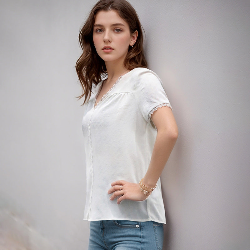 Solid Short Sleeve Blouse with Lace Splicing V-Neck