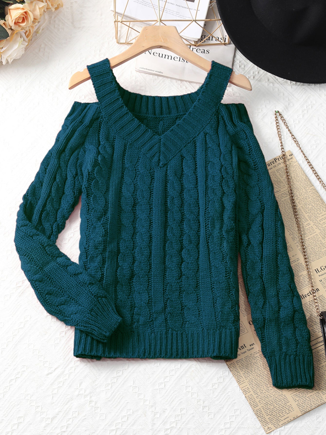 Cable-Knit V-Neck Sweater with Cold-Shoulder Cutouts