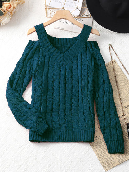 Cable-Knit V-Neck Sweater with Cold-Shoulder Cutouts