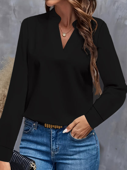 Solid Color Blouse with Stand Collar V-Neck and Long Sleeves