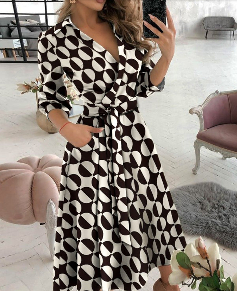 Printed Wrap Midi Dress with Shirt Collar and 3/4 Sleeves