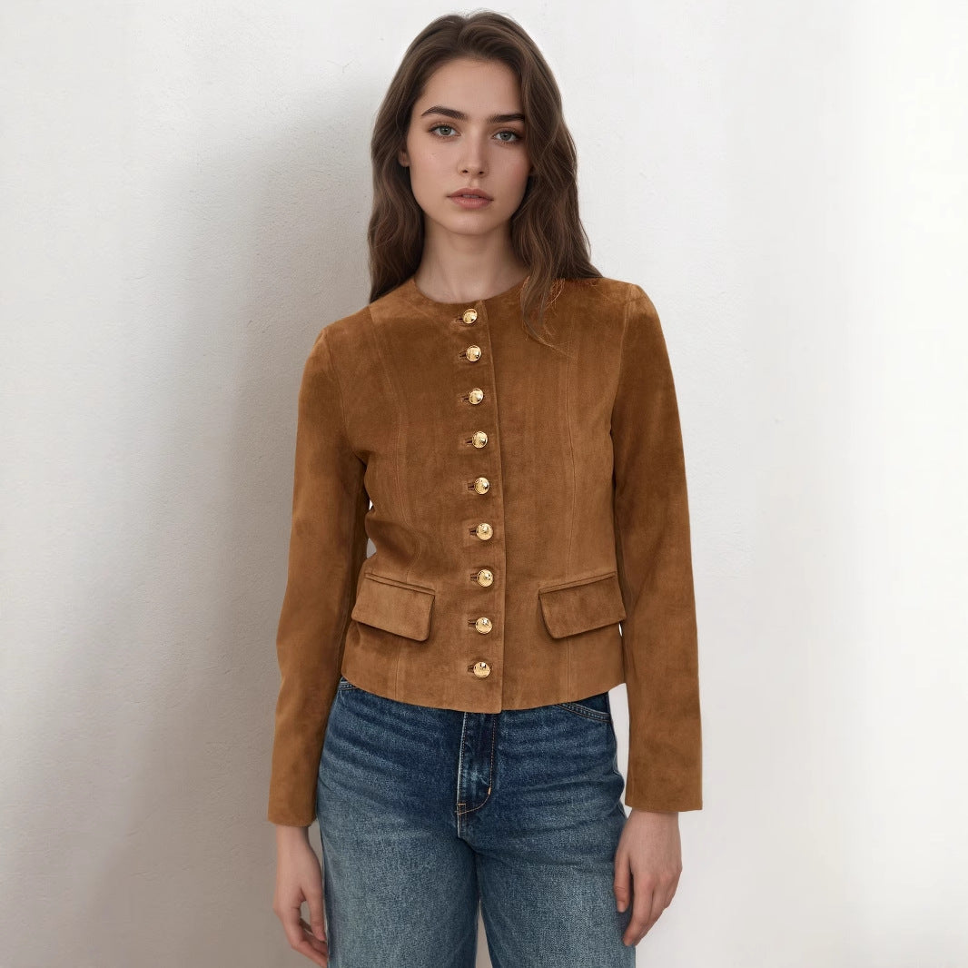 Solid Suede Cropped Jacket with Metal Button Front