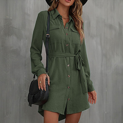 A-Line Shirt Dress with Tie Waist and Button Front