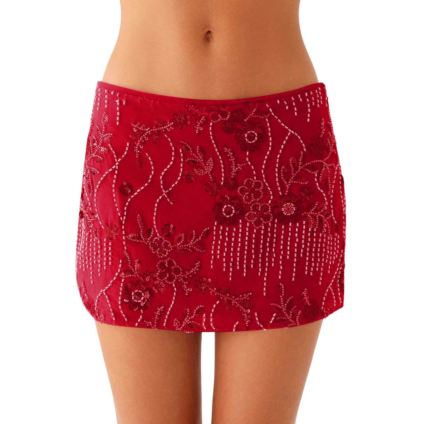 Low-Rise Mini Skirt with Floral Beading and Sequins