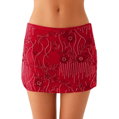 Low-Rise Mini Skirt with Floral Beading and Sequins