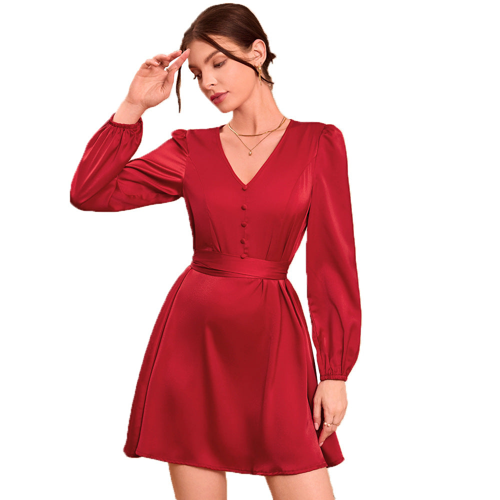 Satin A-Line Mini Dress with V-Neck and Tie-Back Waist