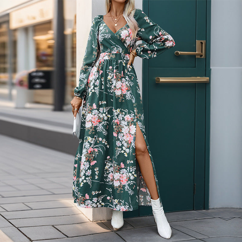 Floral A-Line Dress with V-Neck, Long Sleeves, and Slit
