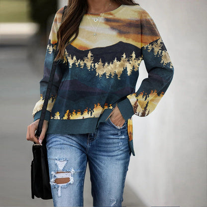 Mountain Landscape Print Pullover with Side Slits