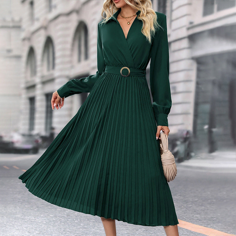 Solid Wrap Midi Dress with Lapel V-Neck and Pleated Skirt
