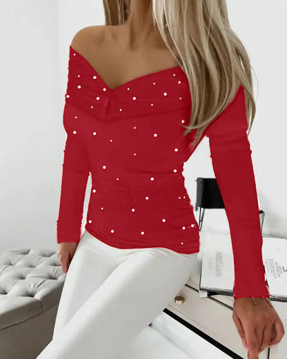 Slim Fit Off-Shoulder Top with Pearl Beading and Long Sleeves