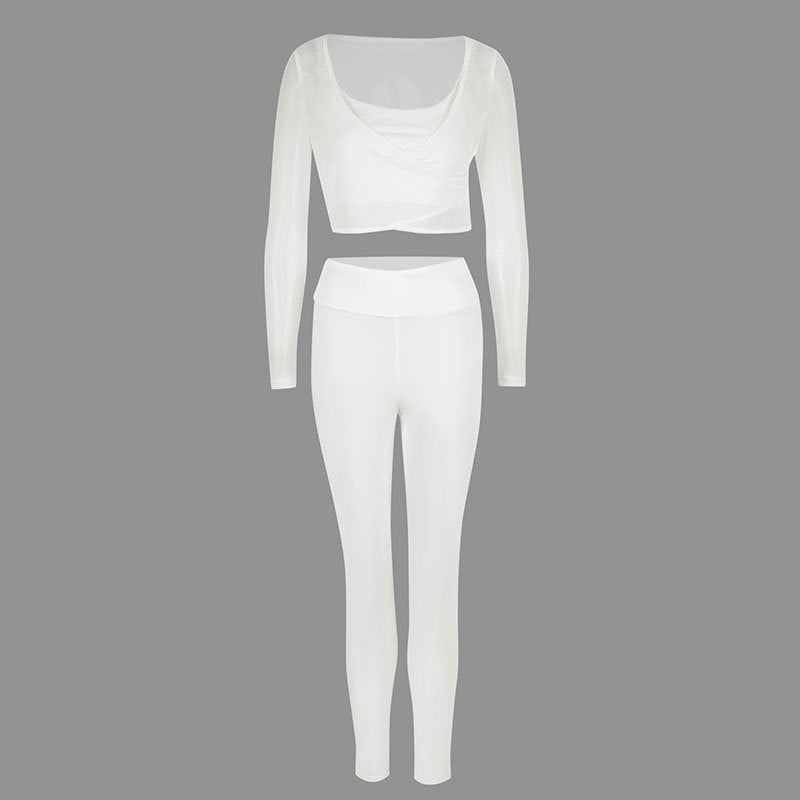 Solid Color Activewear Set with Mesh Crop Top and High-Waist Leggings