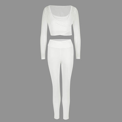Solid Color Activewear Set with Mesh Crop Top and High-Waist Leggings