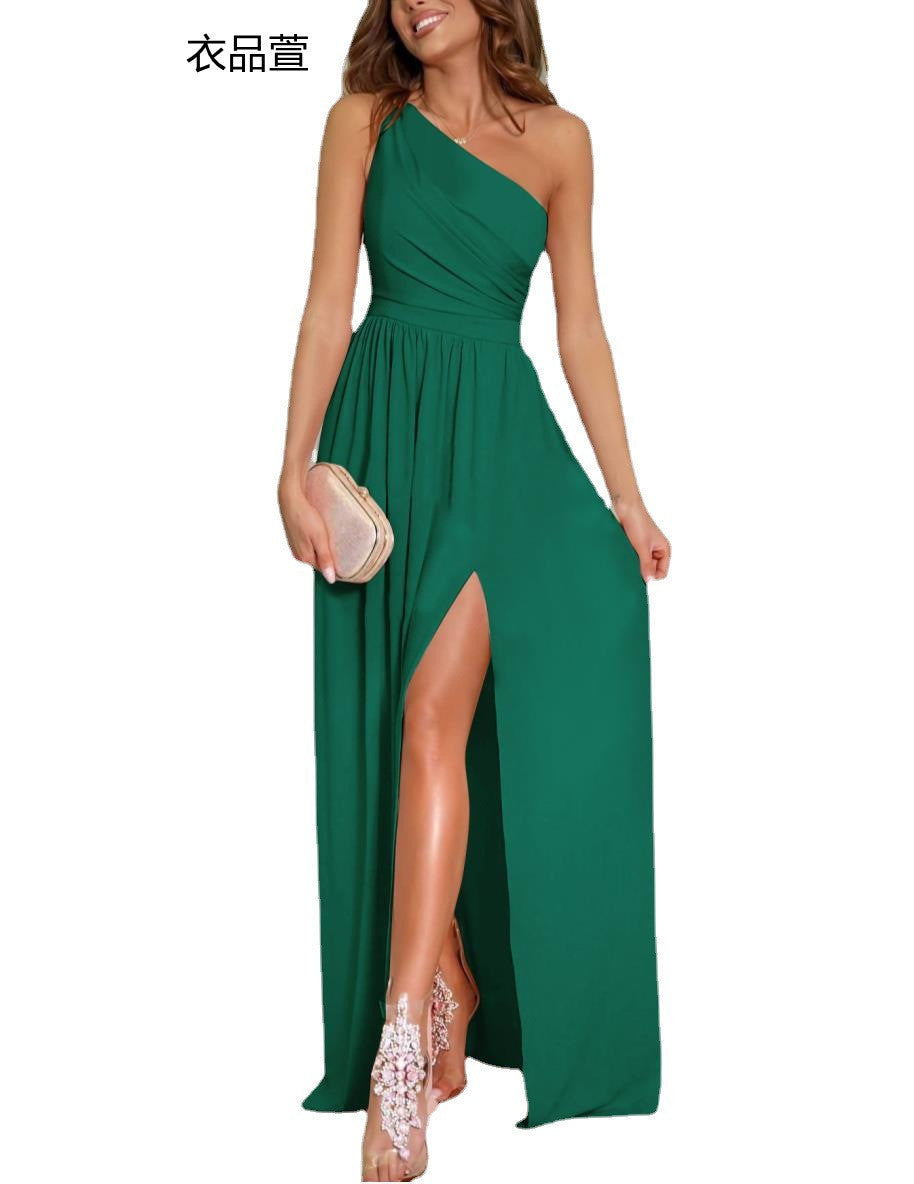 Solid Color Maxi Dress with One-Shoulder Neckline and High Slit
