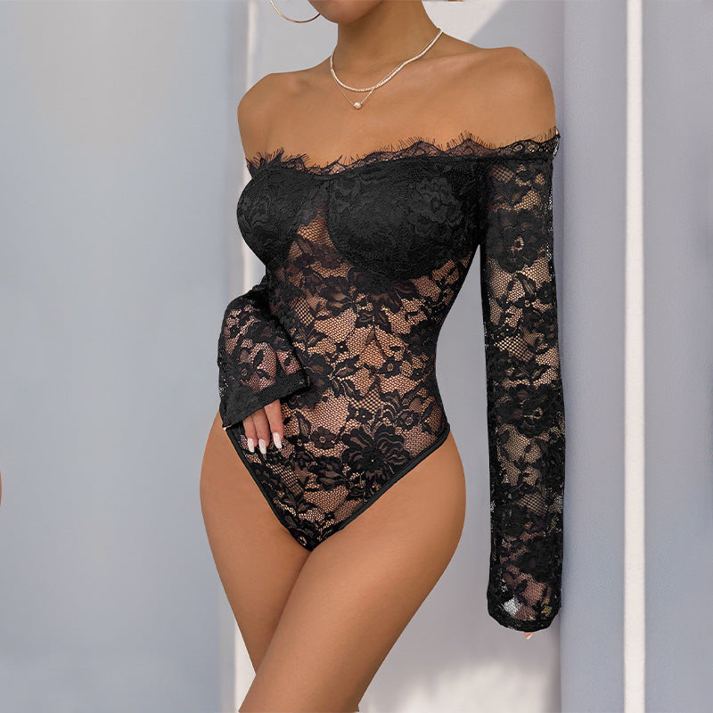 Bodycon Lace Bodysuit with Off-Shoulder Long Sleeves