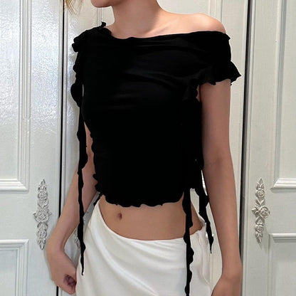 Slim Fit Off-Shoulder Crop Top with Ruffle Trim and Side Ties