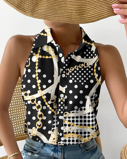 Abstract Print Halter Top with Collared Button Front