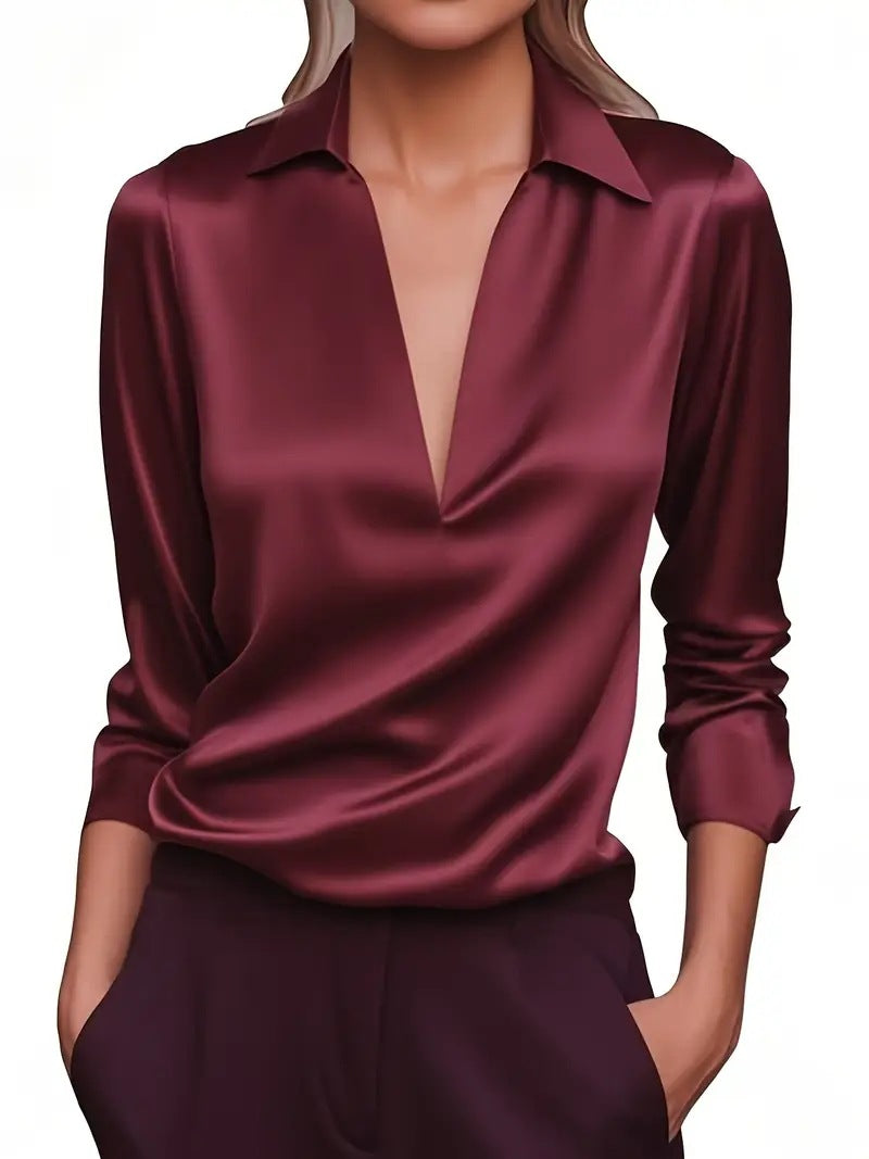 Satin Blouse with Draped V-Neck and Long Sleeves