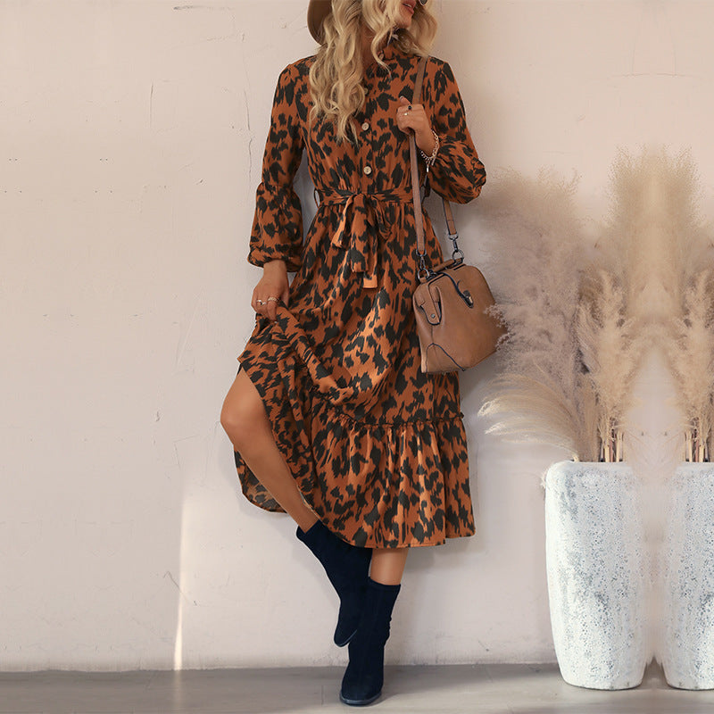 Animal Print A-Line Midi Dress with Button Front and Tie-Waist