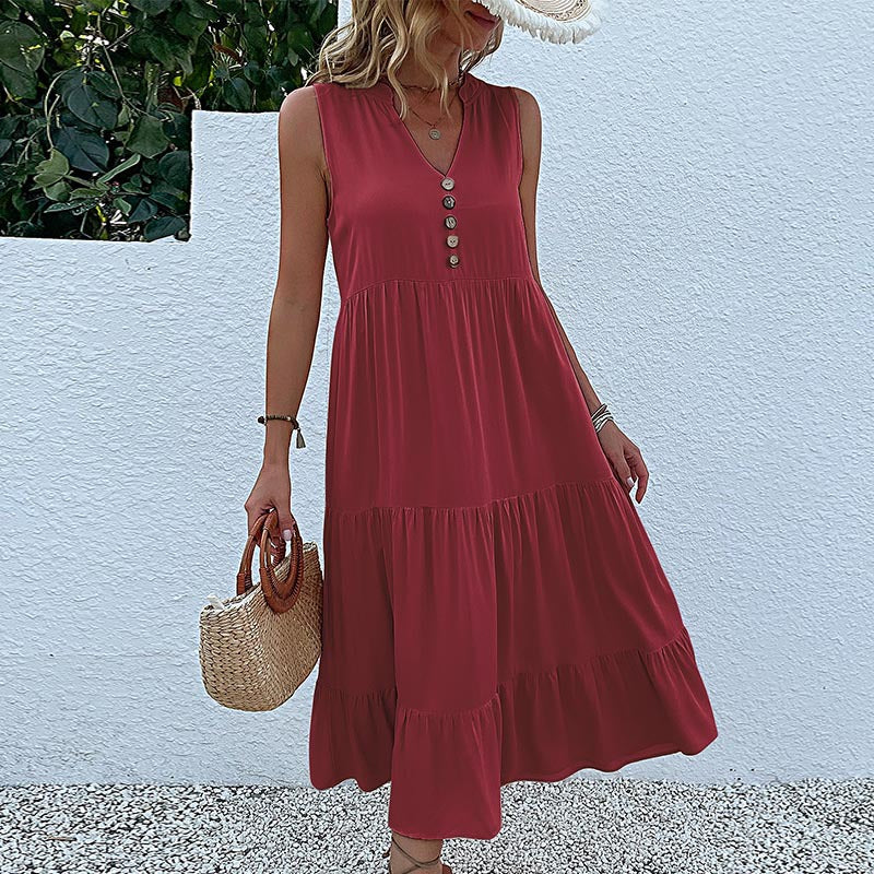 Solid A-Line Tiered Midi Dress with V-Neck and Sleeveless