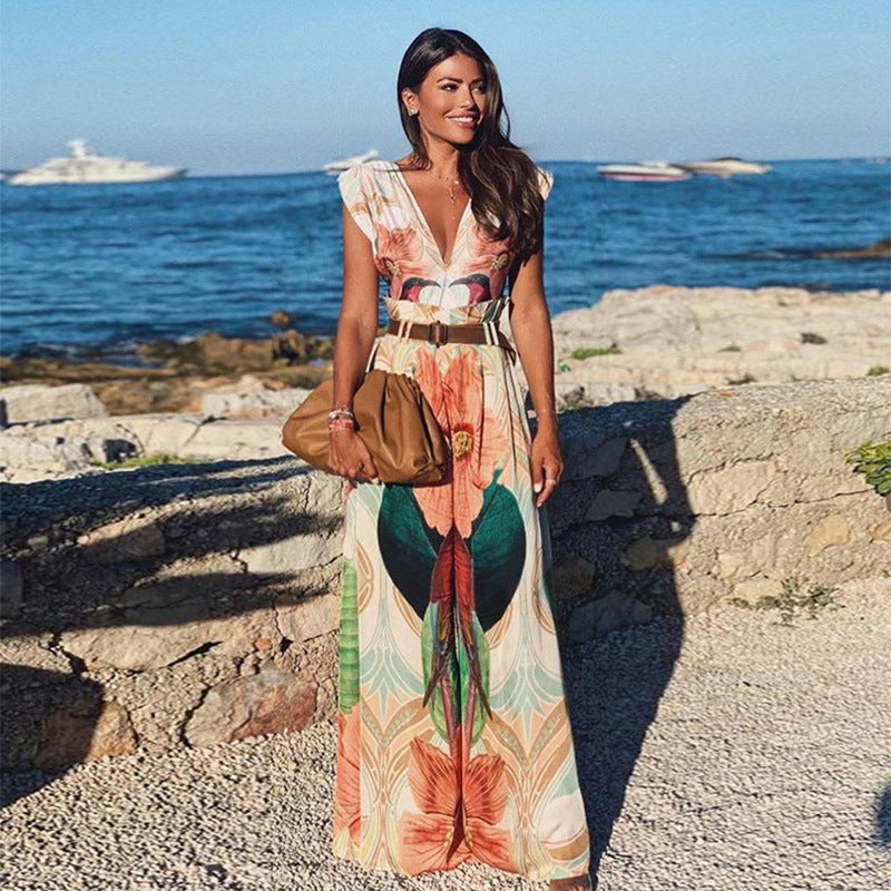 Printed Wide-Leg Jumpsuit with Deep V-Neck
