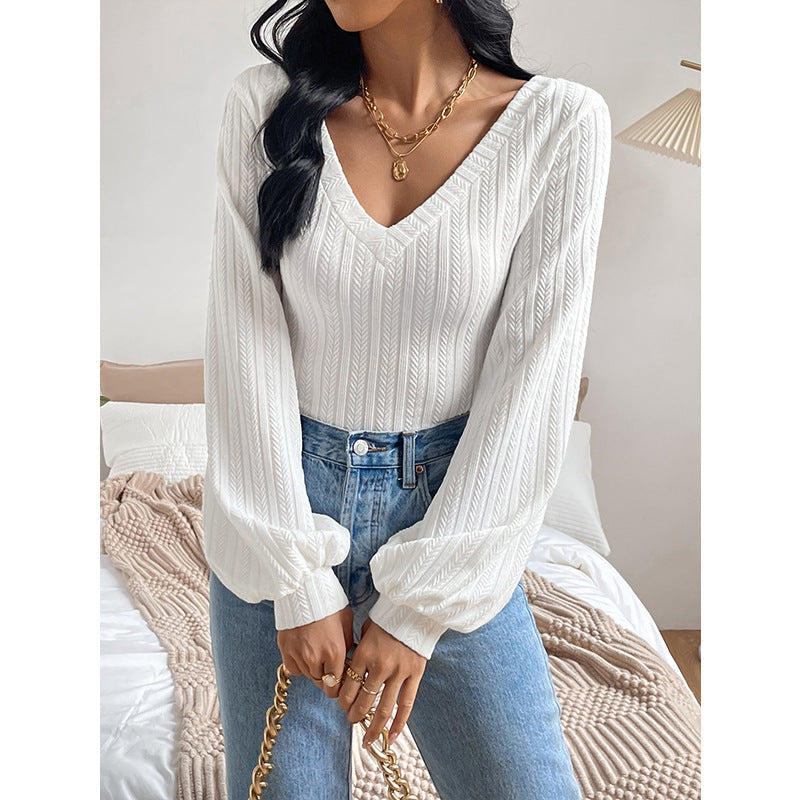Textured Knit V-Neck Pullover with Puff Sleeves
