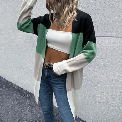 Color-Blocked Long Cardigan with Open Front and Loose Fit
