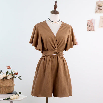 Wide-Leg Romper with V-Neck and Flutter Sleeves