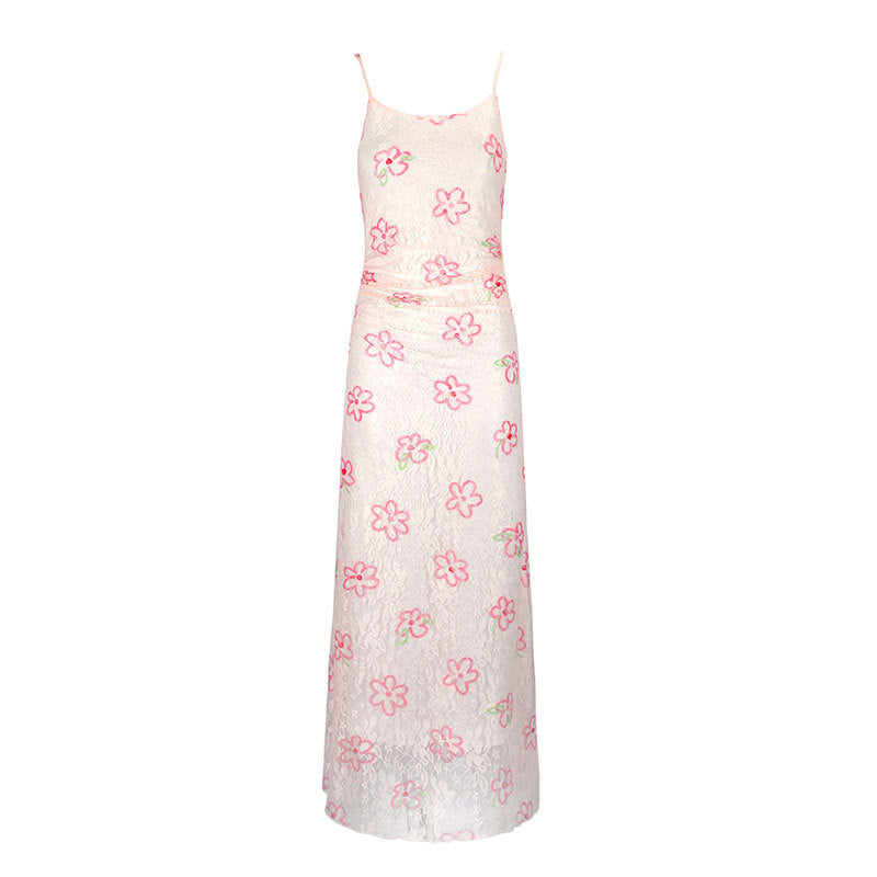 Floral Lace Mesh Slip Maxi Dress with Ruched Detail