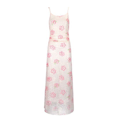 Floral Lace Mesh Slip Maxi Dress with Ruched Detail