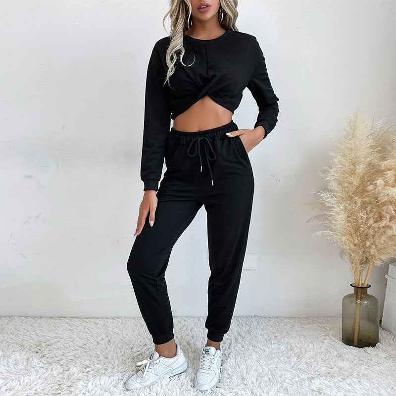 Solid Two-Piece Set with Twist-Front Crop Top and Joggers