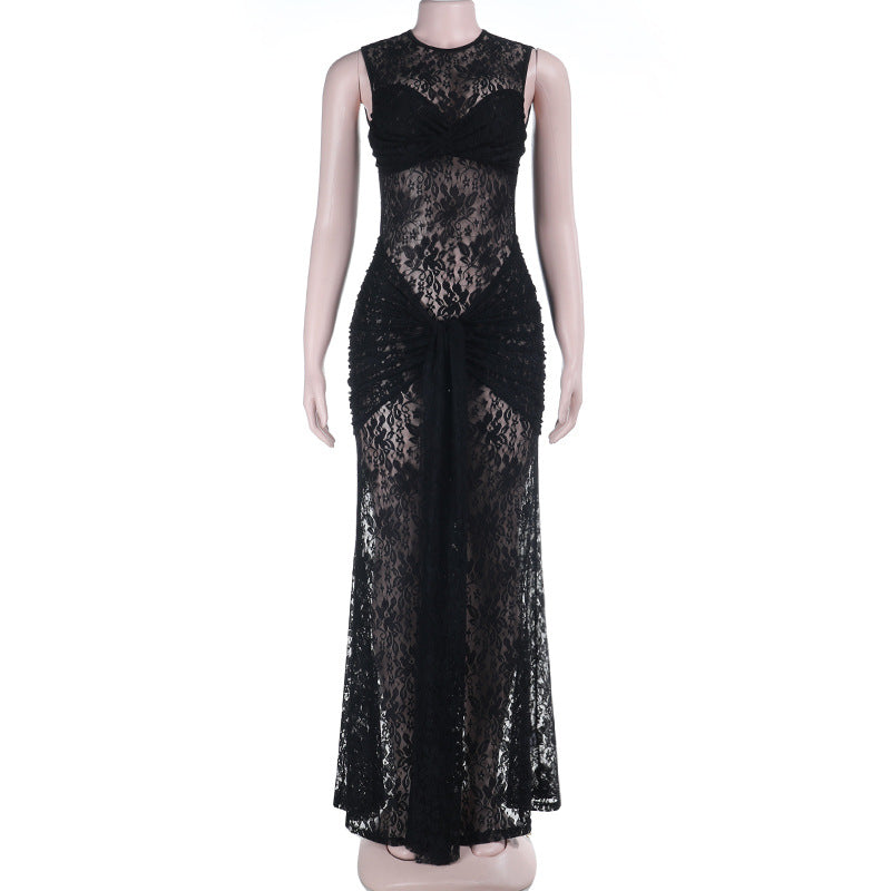 Lace Bodycon Maxi Dress with Front Drape Detail