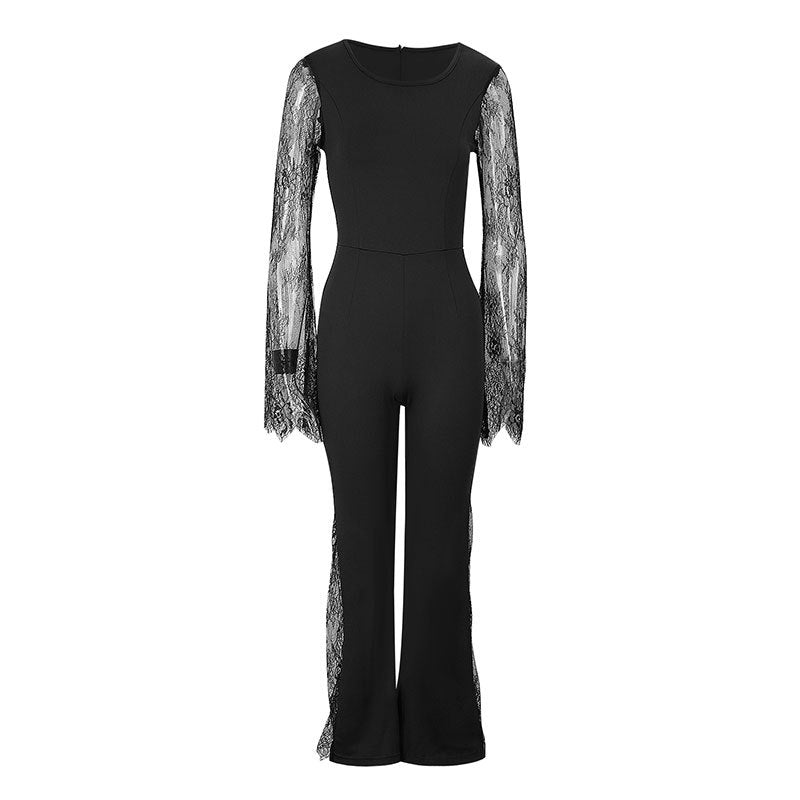 Wide-Leg Jumpsuit with Sheer Lace Sleeves and Leg Inserts