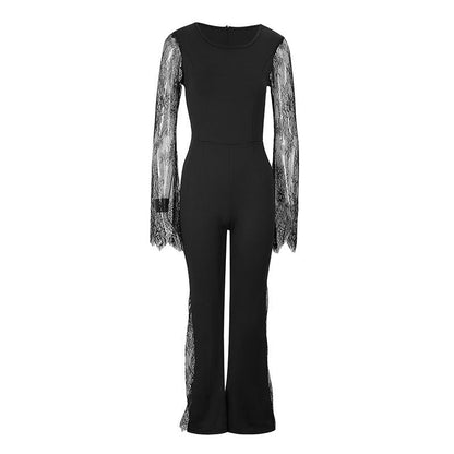 Wide-Leg Jumpsuit with Sheer Lace Sleeves and Leg Inserts