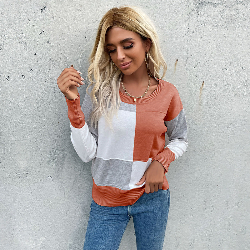 Contrast Color Patchwork Knitted Pullover with Round Neck