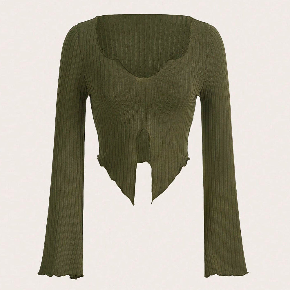 Slim Fit Ribbed Top with Horn Sleeves and Asymmetric Hem