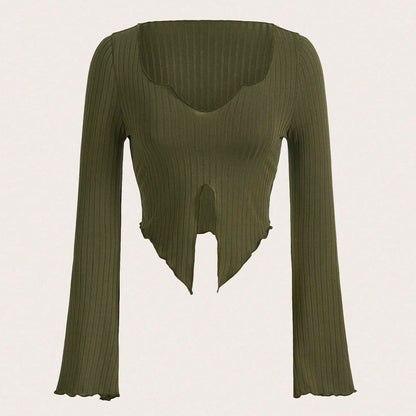 Slim Fit Ribbed Top with Horn Sleeves and Asymmetric Hem