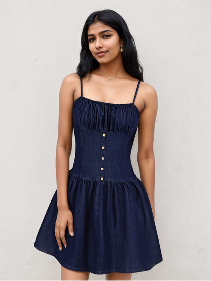 Denim Mini Dress with Shirred Bust and Button Front