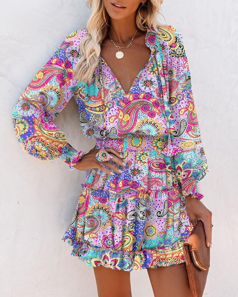 Printed Ruffled Mini Dress with V-Neck and Lantern Sleeves